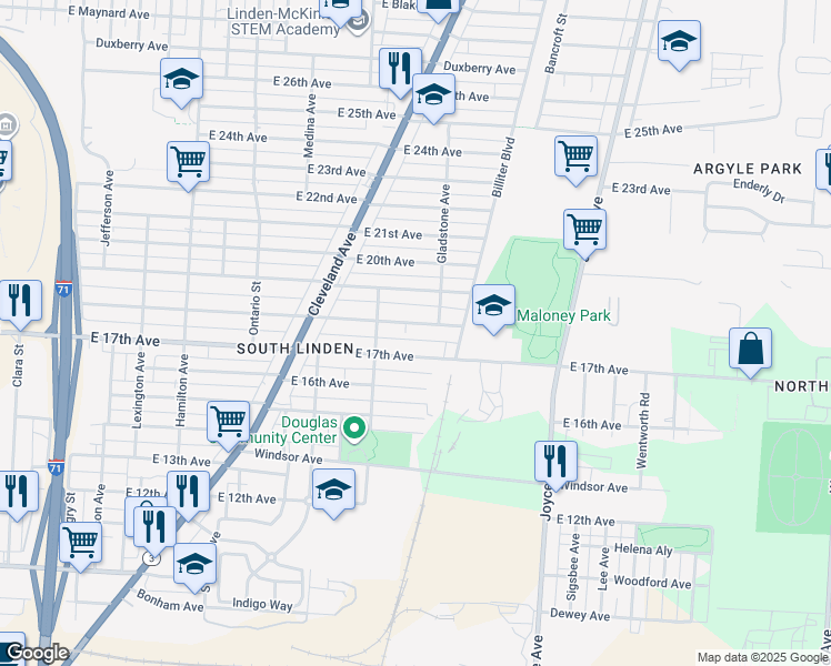 map of restaurants, bars, coffee shops, grocery stores, and more near 1356 East 17th Avenue in Columbus