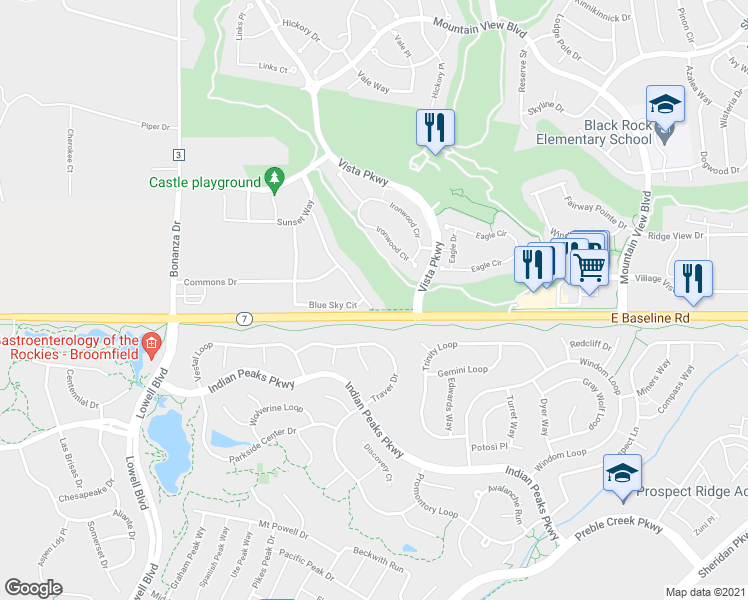 map of restaurants, bars, coffee shops, grocery stores, and more near 3155 Blue sky Circle in Erie