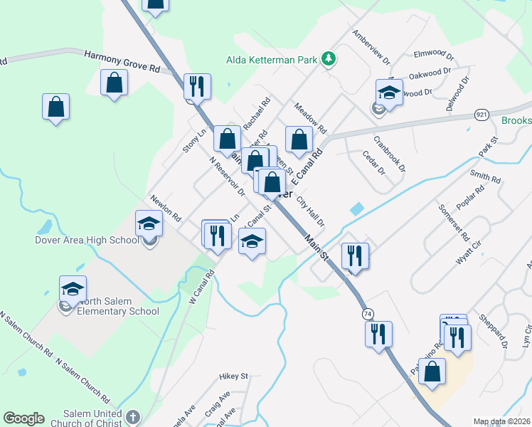 map of restaurants, bars, coffee shops, grocery stores, and more near 18 West Canal Street in Dover