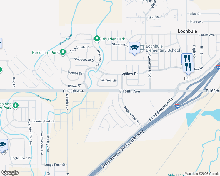 map of restaurants, bars, coffee shops, grocery stores, and more near 40 Meadowlark Circle in Lochbuie