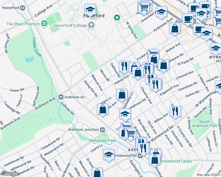 map of restaurants, bars, coffee shops, grocery stores, and more near 679 Aubrey Avenue in Ardmore