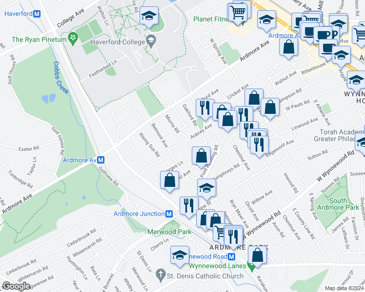 map of restaurants, bars, coffee shops, grocery stores, and more near 679 Aubrey Avenue in Ardmore