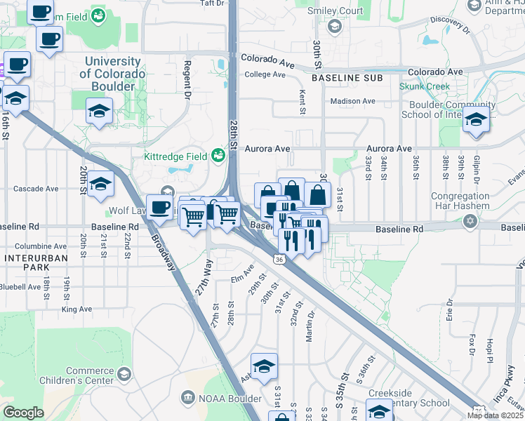 map of restaurants, bars, coffee shops, grocery stores, and more near 2877 Baseline Road in Boulder