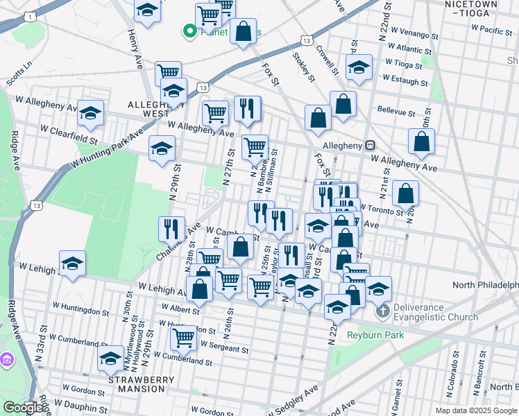 map of restaurants, bars, coffee shops, grocery stores, and more near 2969 North Bambrey Street in Philadelphia