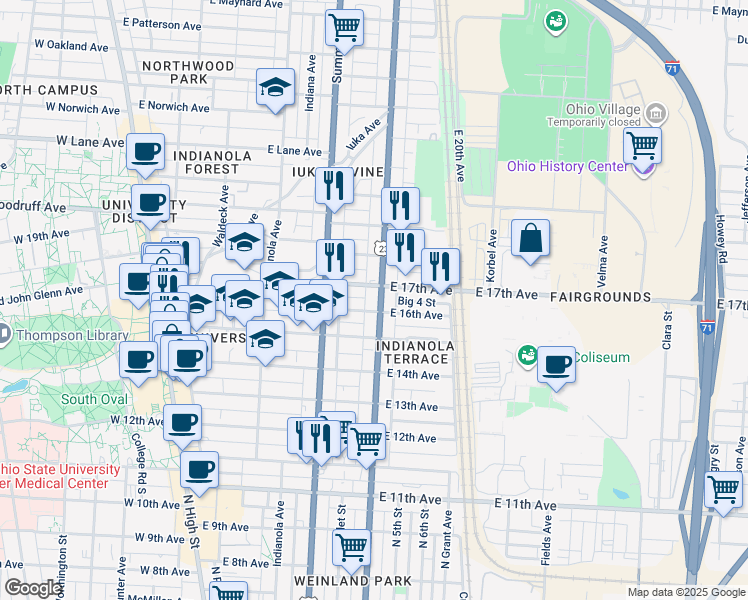 map of restaurants, bars, coffee shops, grocery stores, and more near 1837 North 4th Street in Columbus