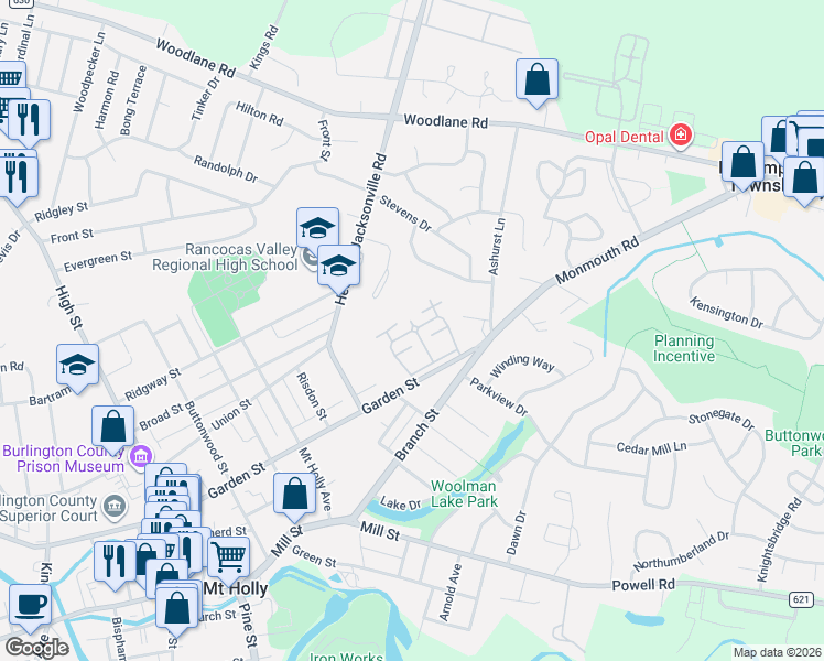 map of restaurants, bars, coffee shops, grocery stores, and more near 23 1st Montgomery Drive in Mount Holly
