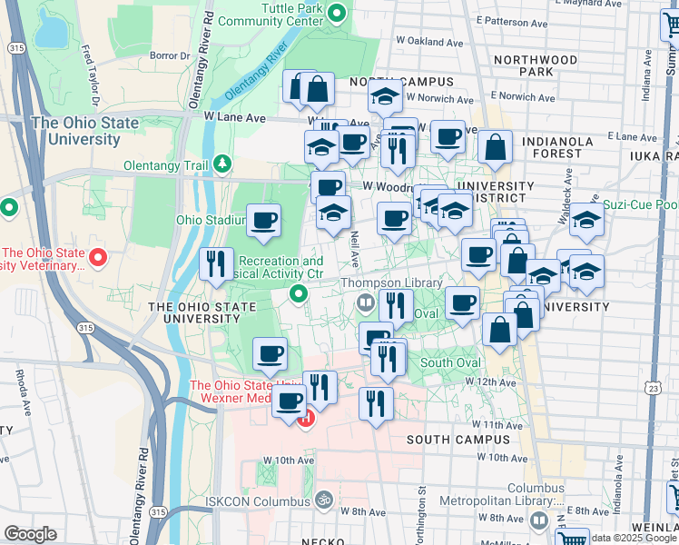 map of restaurants, bars, coffee shops, grocery stores, and more near 1841 Millikin Road in Columbus