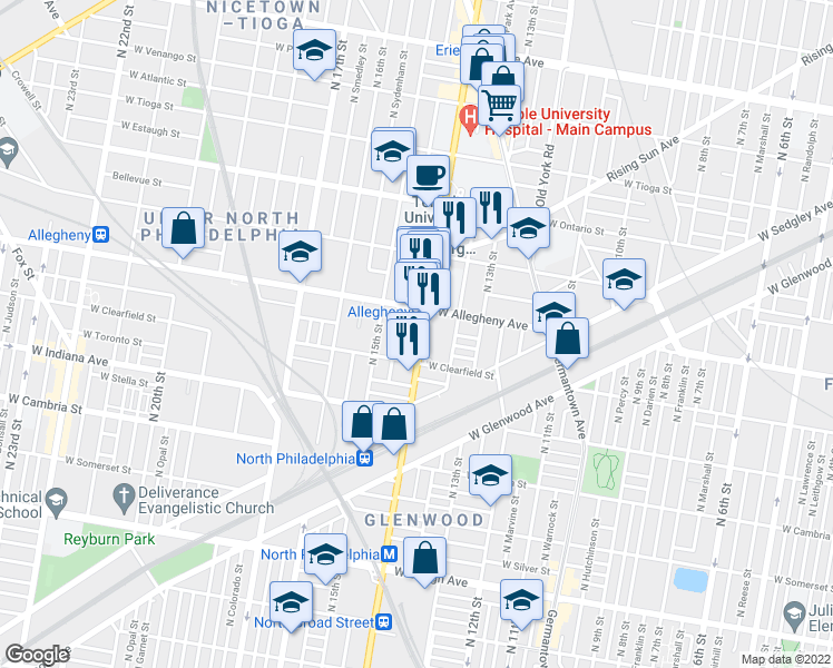 map of restaurants, bars, coffee shops, grocery stores, and more near 3130 North Broad Street in Philadelphia