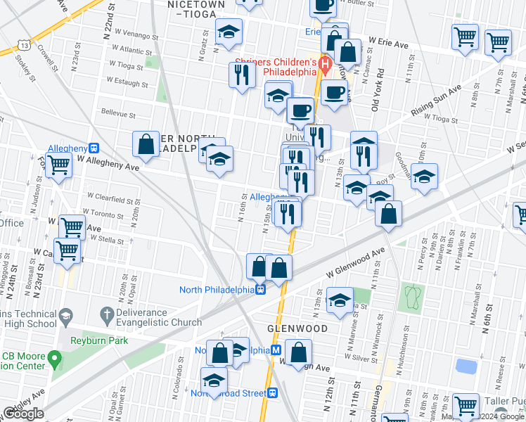 map of restaurants, bars, coffee shops, grocery stores, and more near 3116 North 15th Street in Philadelphia