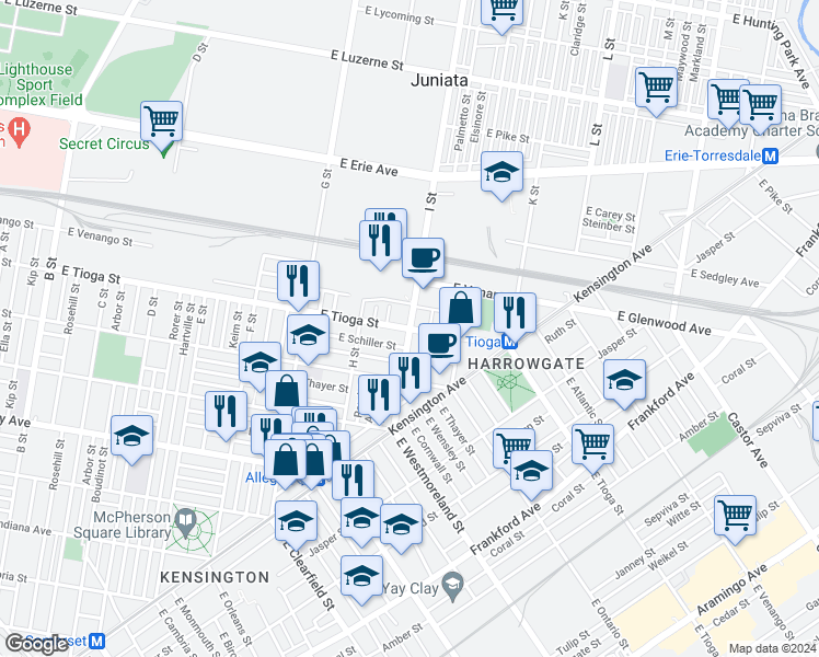 map of restaurants, bars, coffee shops, grocery stores, and more near 3500 I Street in Philadelphia