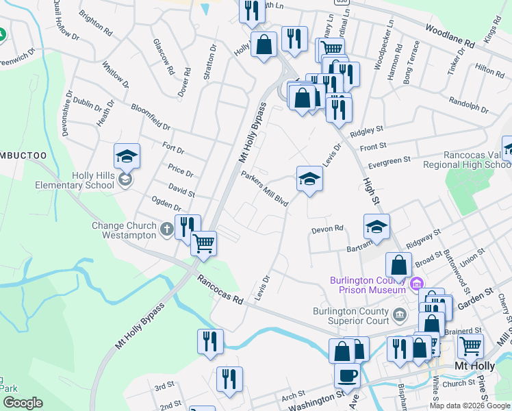 map of restaurants, bars, coffee shops, grocery stores, and more near 324 North Martin Avenue in Mount Holly