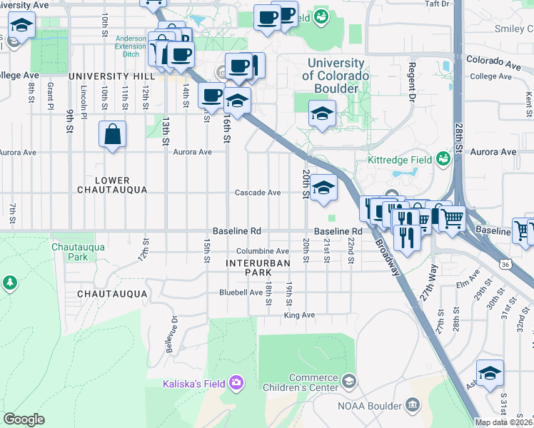 map of restaurants, bars, coffee shops, grocery stores, and more near 743 18th Street in Boulder