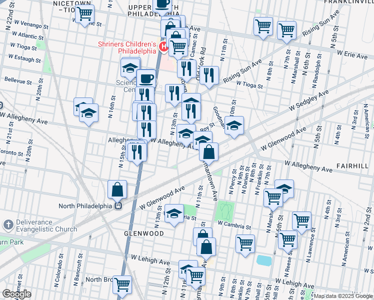 map of restaurants, bars, coffee shops, grocery stores, and more near 1200 W Allegheny Ave in Philadelphia