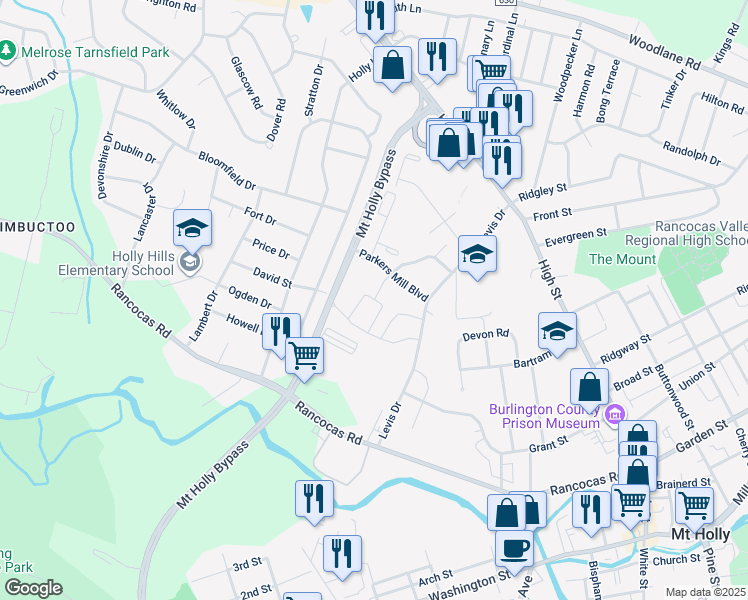map of restaurants, bars, coffee shops, grocery stores, and more near 302 Barrington Court in Mount Holly