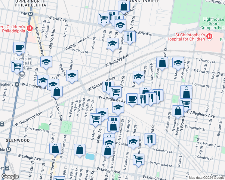 map of restaurants, bars, coffee shops, grocery stores, and more near 3242 North Randolph Street in Philadelphia