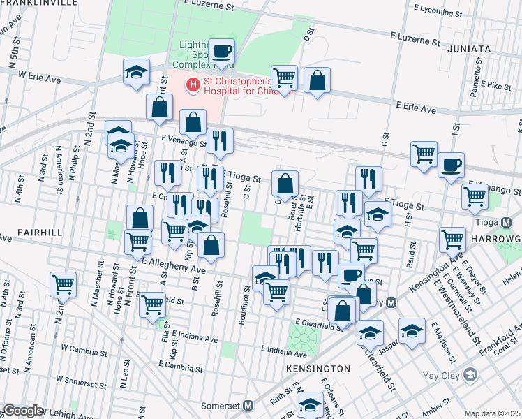 map of restaurants, bars, coffee shops, grocery stores, and more near 441 East Ontario Street in Philadelphia