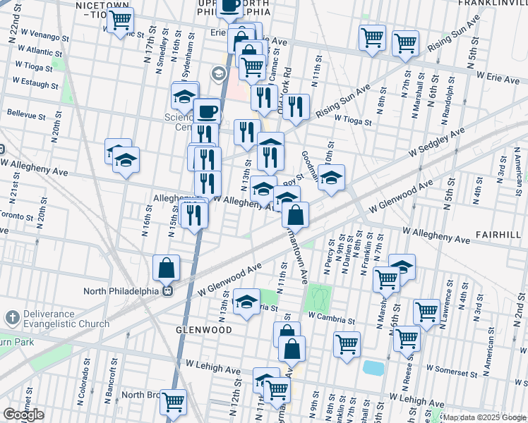 map of restaurants, bars, coffee shops, grocery stores, and more near 1200 West Allegheny Avenue in Philadelphia
