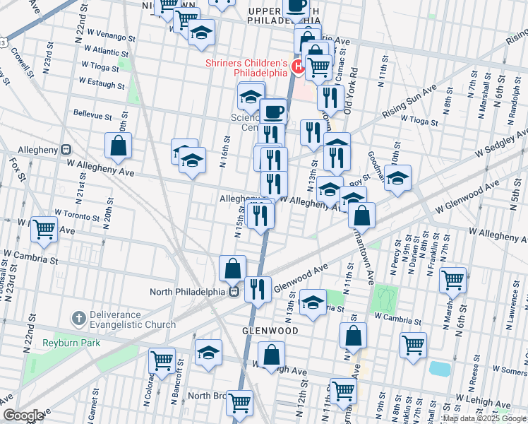 map of restaurants, bars, coffee shops, grocery stores, and more near 3130 North Broad Street in Philadelphia