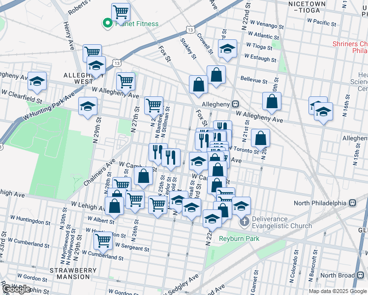 map of restaurants, bars, coffee shops, grocery stores, and more near 3006 North 24th Street in Philadelphia