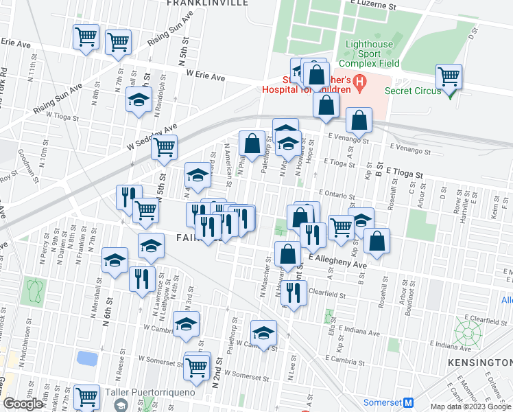 map of restaurants, bars, coffee shops, grocery stores, and more near 3313 North Palethorp Street in Philadelphia