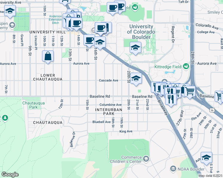 map of restaurants, bars, coffee shops, grocery stores, and more near 733 18th Street in Boulder