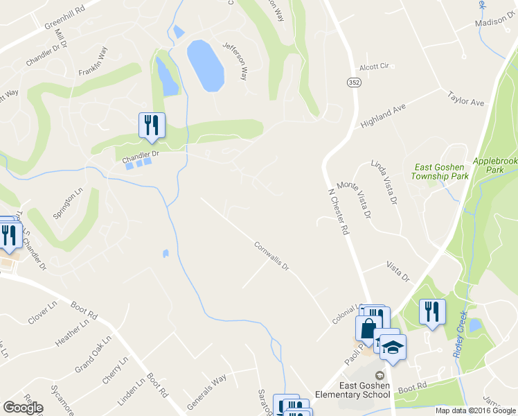 map of restaurants, bars, coffee shops, grocery stores, and more near 957 Cornwallis Drive in West Chester