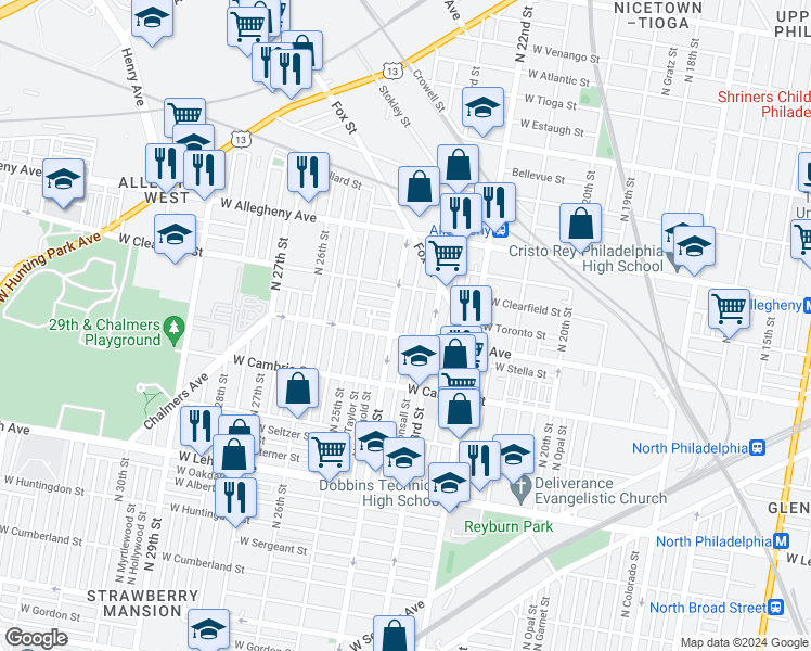 map of restaurants, bars, coffee shops, grocery stores, and more near 3025 N Judson St in Philadelphia