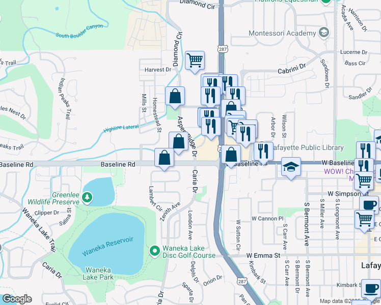 map of restaurants, bars, coffee shops, grocery stores, and more near 1285 West Baseline Road in Lafayette