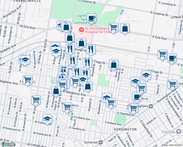 map of restaurants, bars, coffee shops, grocery stores, and more near 328 East Ontario Street in Philadelphia