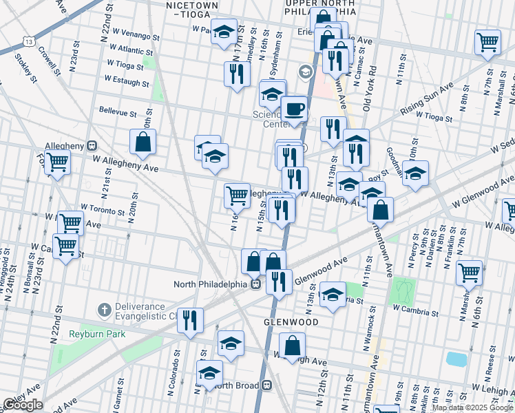 map of restaurants, bars, coffee shops, grocery stores, and more near 3111 North 15th Street in Philadelphia