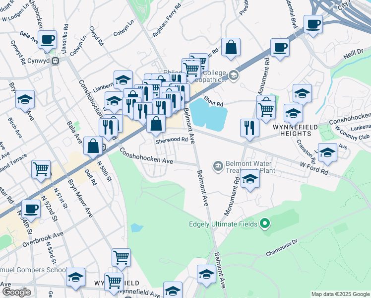 map of restaurants, bars, coffee shops, grocery stores, and more near 2738 Belmont Avenue in Philadelphia