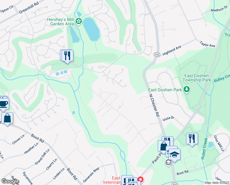map of restaurants, bars, coffee shops, grocery stores, and more near 957 Cornwallis Drive in West Chester