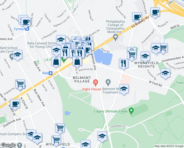 map of restaurants, bars, coffee shops, grocery stores, and more near 2738 Belmont Avenue in Philadelphia