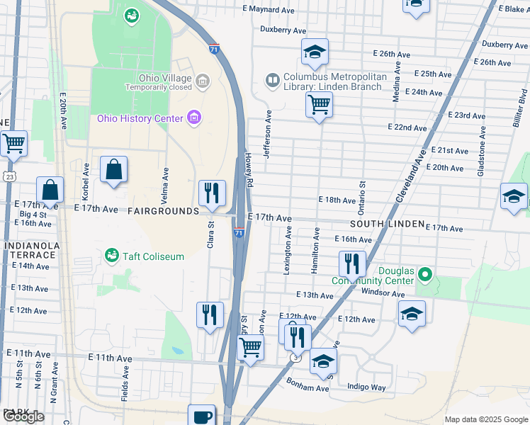 map of restaurants, bars, coffee shops, grocery stores, and more near 919 East 17th Avenue in Columbus