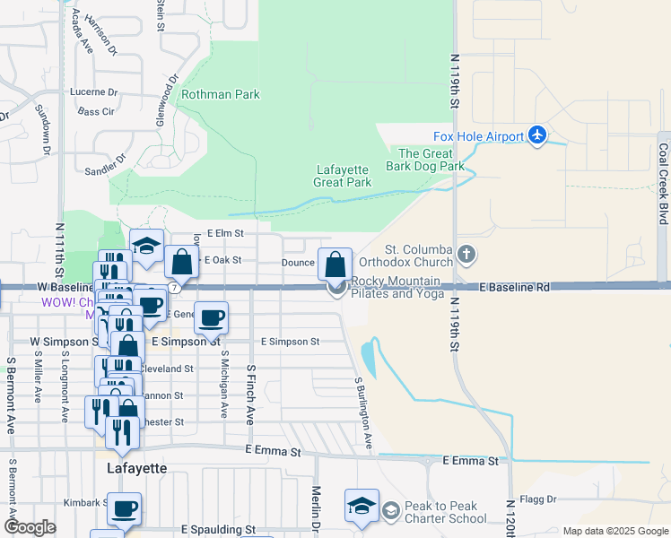 map of restaurants, bars, coffee shops, grocery stores, and more near 901 C East Baseline Road in Lafayette