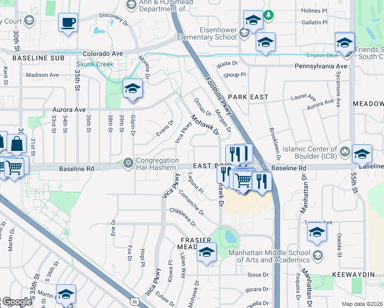 map of restaurants, bars, coffee shops, grocery stores, and more near 745 Thomas Drive in Boulder