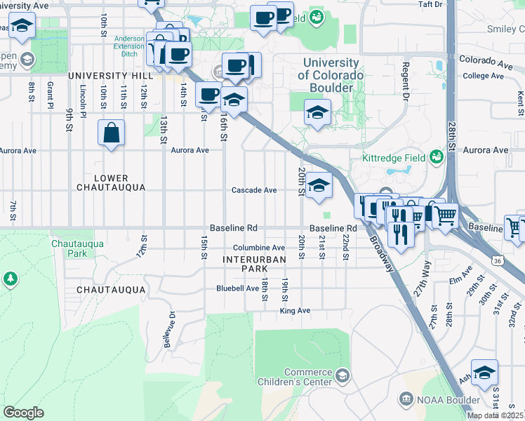 map of restaurants, bars, coffee shops, grocery stores, and more near 733 18th Street in Boulder