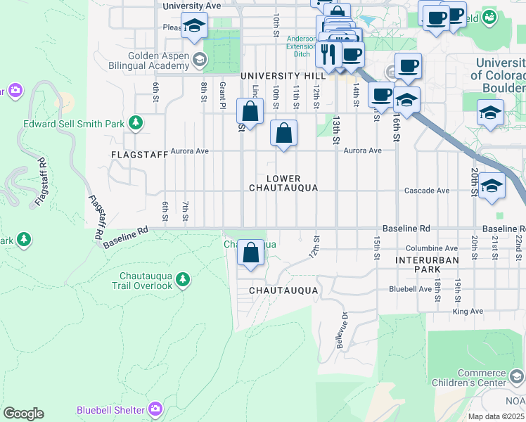 map of restaurants, bars, coffee shops, grocery stores, and more near 722 Lincoln Place in Boulder