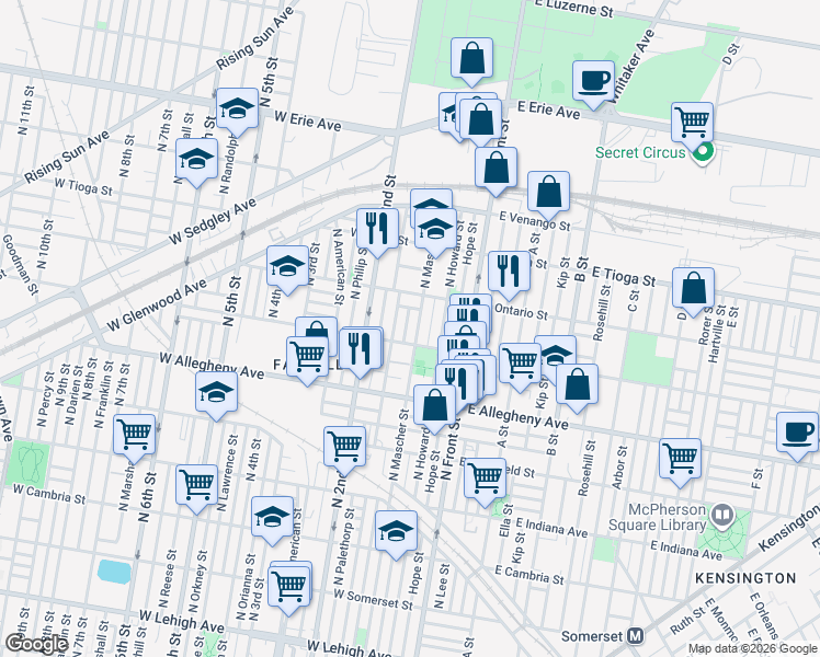 map of restaurants, bars, coffee shops, grocery stores, and more near 3304 Waterloo Street in Philadelphia
