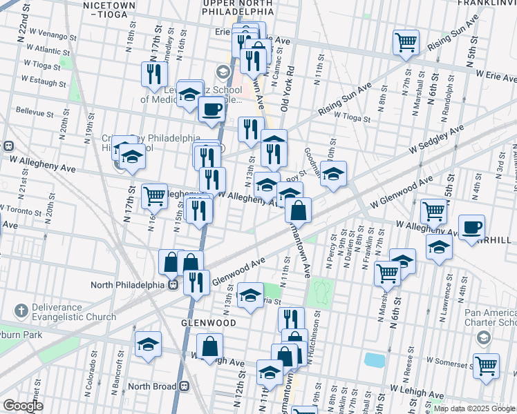 map of restaurants, bars, coffee shops, grocery stores, and more near 3137 North Camac Street in Philadelphia