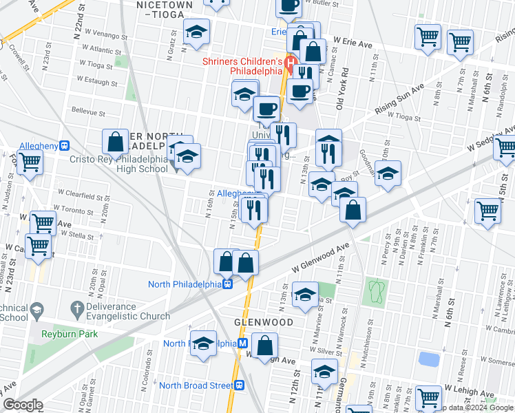map of restaurants, bars, coffee shops, grocery stores, and more near 3117 North Broad Street in Philadelphia