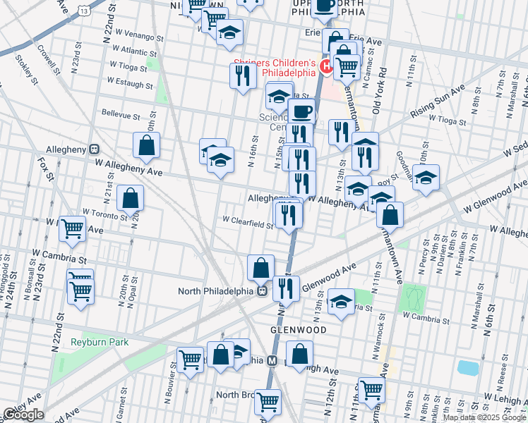 map of restaurants, bars, coffee shops, grocery stores, and more near 3111 North 15th Street in Philadelphia