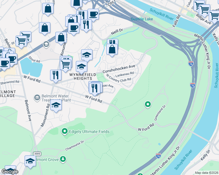 map of restaurants, bars, coffee shops, grocery stores, and more near 3917 Ellington Road in Philadelphia
