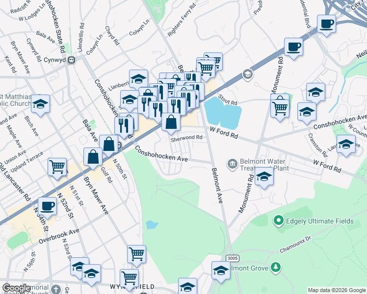 map of restaurants, bars, coffee shops, grocery stores, and more near 2711 North 46th Street in Philadelphia