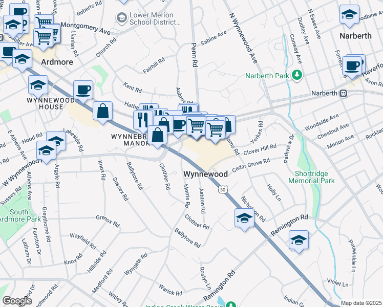 map of restaurants, bars, coffee shops, grocery stores, and more near 533 Lancaster Avenue in Wynnewood