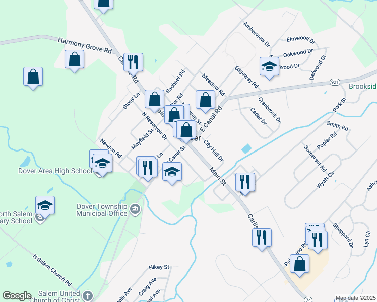 map of restaurants, bars, coffee shops, grocery stores, and more near 18 West Canal Street in Dover