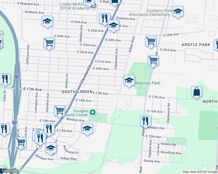 map of restaurants, bars, coffee shops, grocery stores, and more near 1356 East 17th Avenue in Columbus