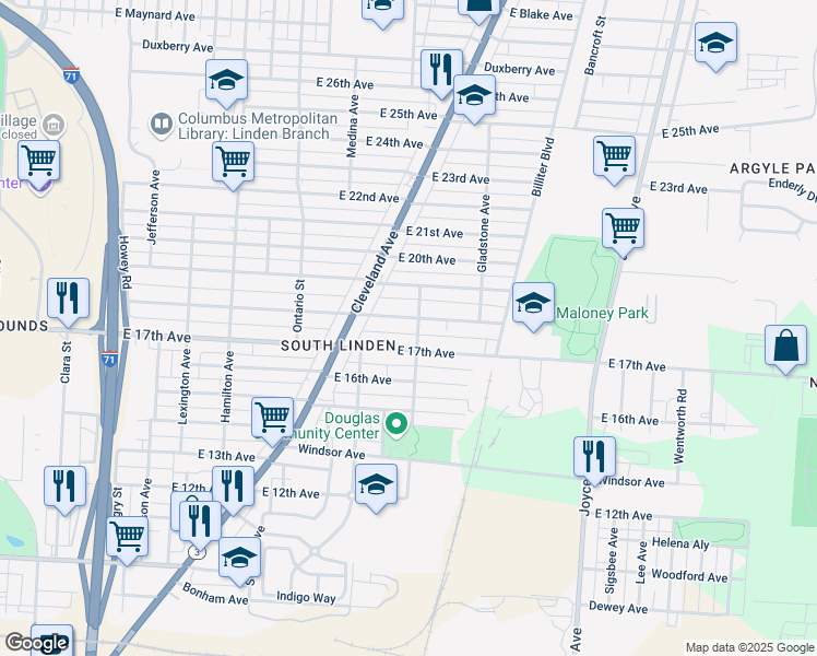 map of restaurants, bars, coffee shops, grocery stores, and more near 1308 East 17th Avenue in Columbus