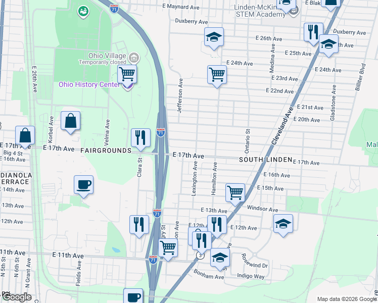 map of restaurants, bars, coffee shops, grocery stores, and more near 977 East 17th Avenue in Columbus