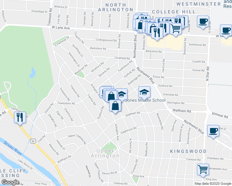 map of restaurants, bars, coffee shops, grocery stores, and more near 1942 Guilford Road in Upper Arlington